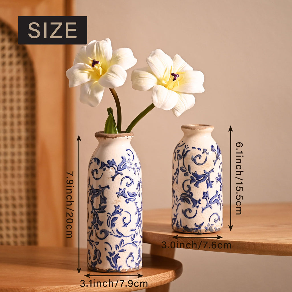 Blue and White Ceramic Vases Home Decor, Farmhouse Vase for Flowers, Flower Vase Set of 2, Rustic Decorative Vases