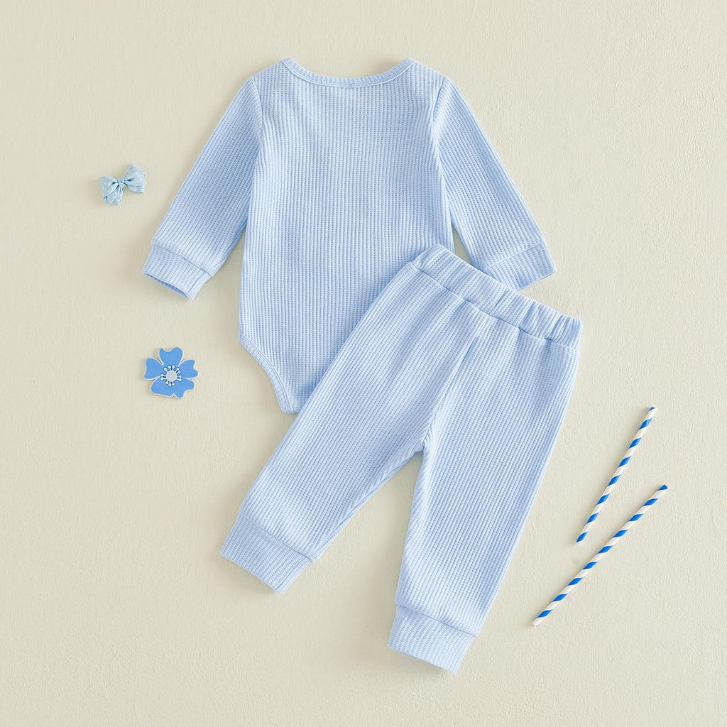 Waffle Knit Baby Boy Clothes Letters Embroidered Romper Pants Set