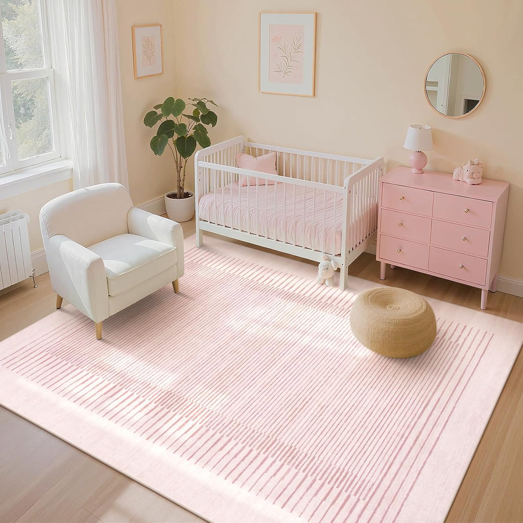 Washable Striped Living Room Area Rug, Non-Slip Berber Stripe Pink Area Rugs Girls, Low Pile Soft Large Throw
