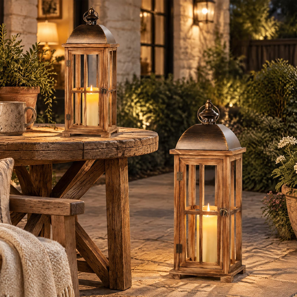 Large Decorative Lanterns, 2 Pack Farmhouse Wood Lanterns Indoor Outdoor
