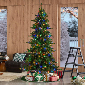 7.5ft Prelit Christmas Tree, Artificial Christmas Tree Emerald Elegance Slim Green Fir Tree with 400 LED Lights, 1336