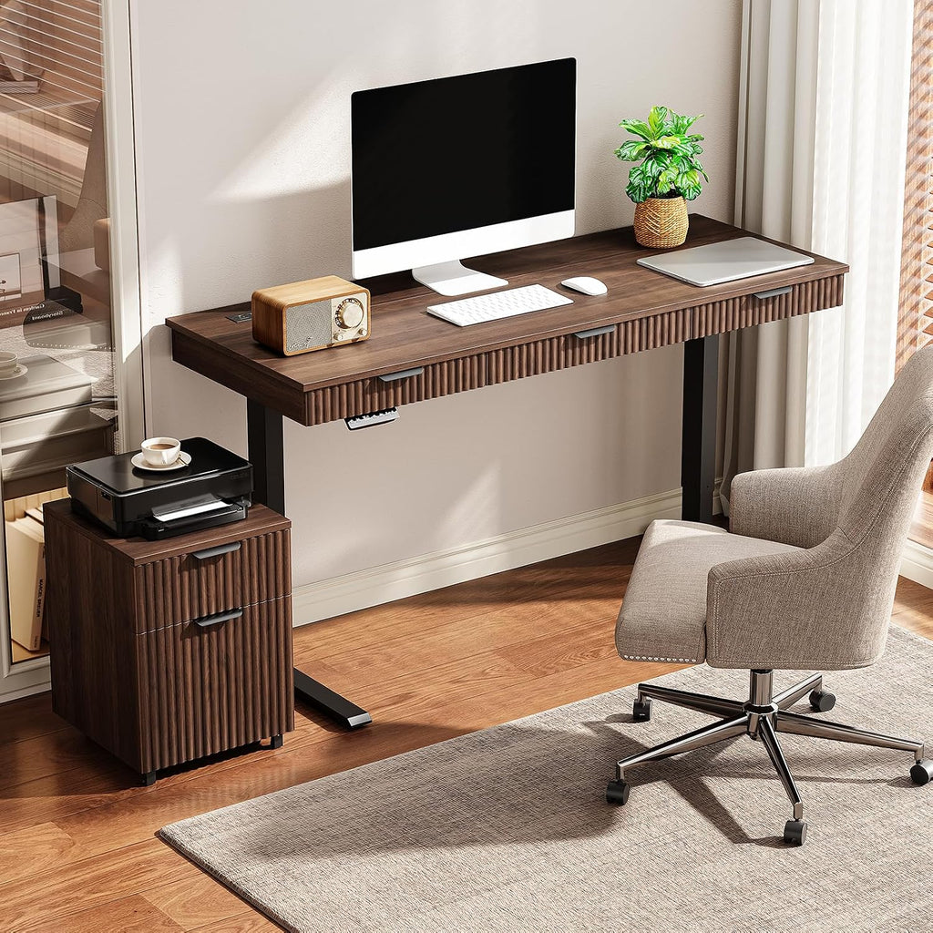 55" Electric Standing Desk with File Cabine, Sit to Stand, Walnut | Standing Desk with Drawers, Roilling Filing