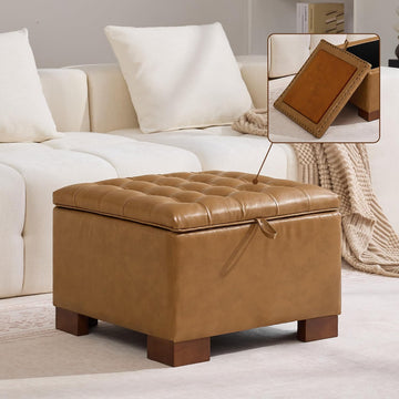 24" Faux Leather Square Storage Ottoman with Wooden Tray, Modern Tufted Button Footstool Coffee Table, Upholstered
