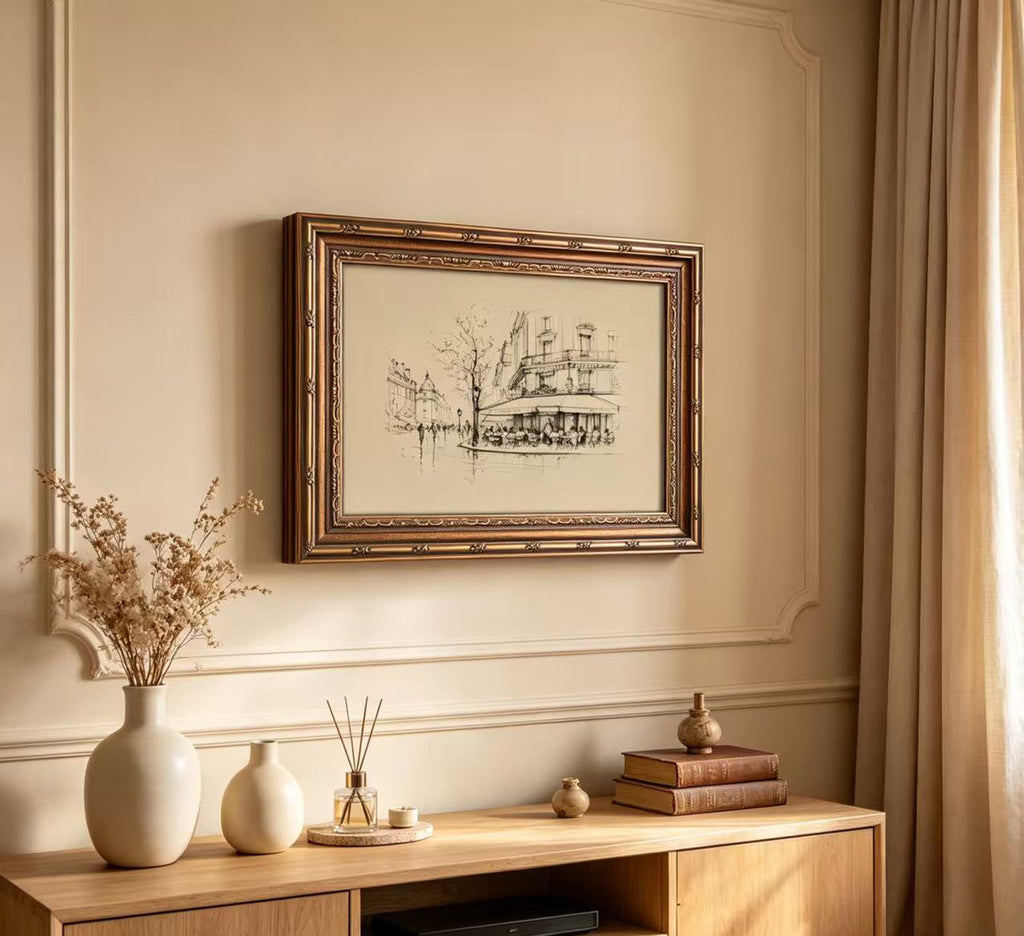 Vintage Gold Framed Black and White Sketch Wall Art French Cafe Sketch Canvas Prints Retro Paris City Landscape