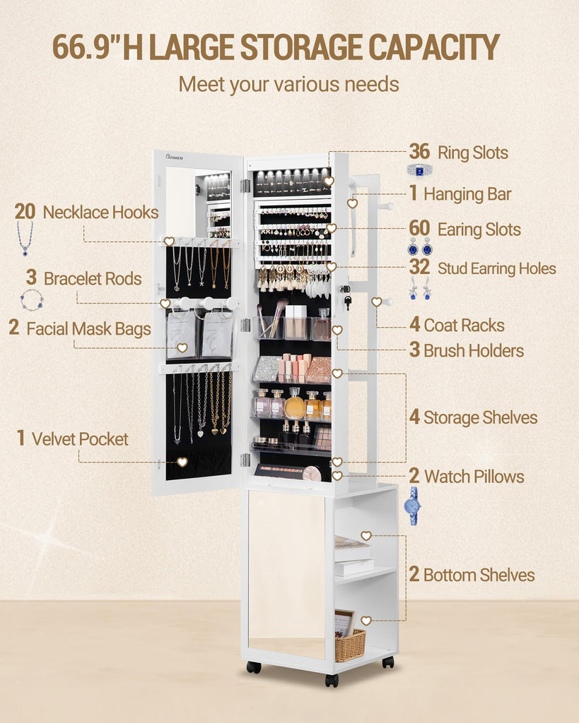 8 LEDs Jewelry Cabinet Armoire, 66.9-inch Jewelry Organizer