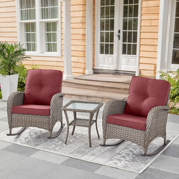 Patio Rocking Chairs Wicker Set - Outdoor Rocking Chairs Set of 2 with Side Table, 3 Piece Patio Rocker Furniture Set