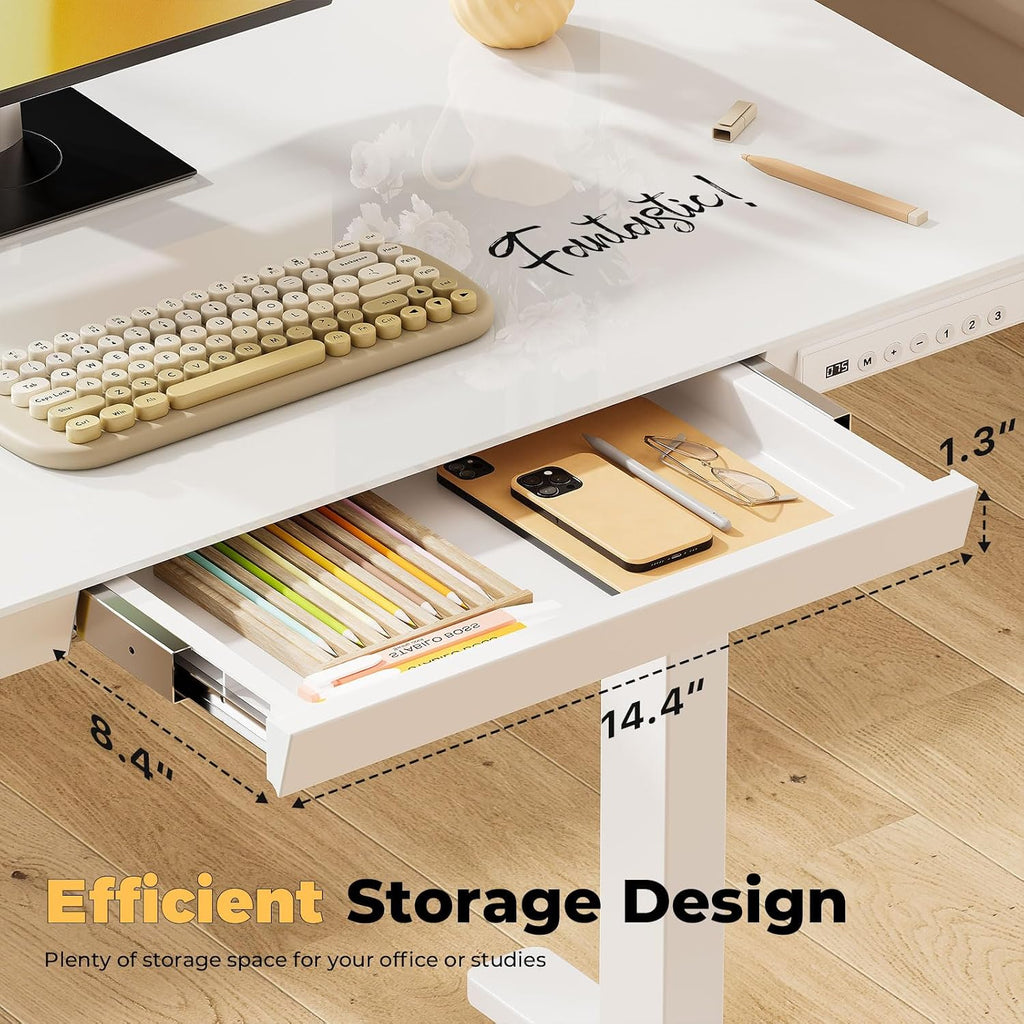 40" Glass Standing Desk with Drawer, Electric Stand up Desk | Height Adjustable Desk with One-Piece Tabletop & USB