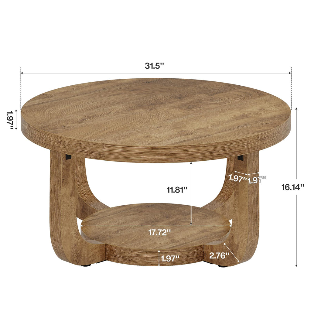 Round Coffee Table, 2-Tier Circle Coffee Table with Storage, Modern Wooden Accent Center Table, Thick Tabletop &