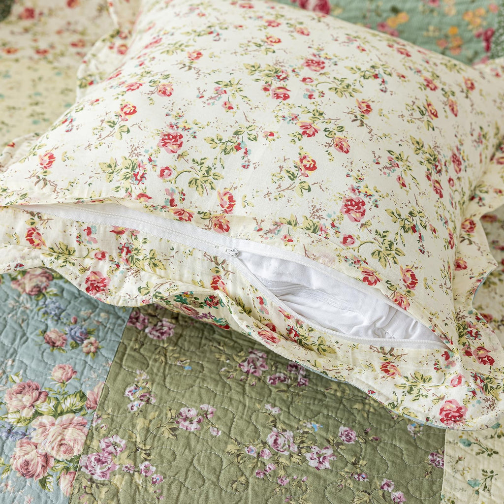 Set of 2 Patchwork Cotton Quilted Decorative Square Throw Pillow Covers with Scalloped Floral Pattern Soft Cushion