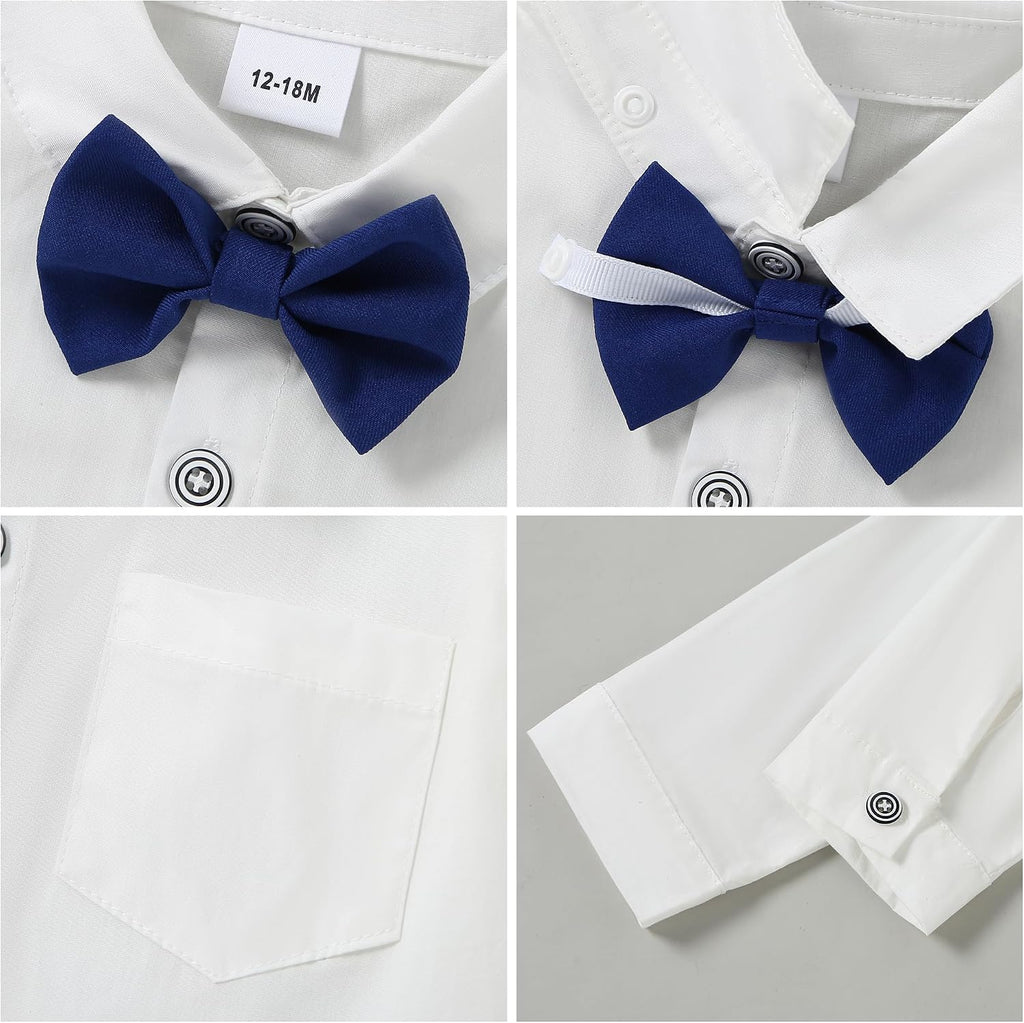 Toddler Baby Boy Clothes Suit Gentleman Wedding Outfits, Formal Dress Shirt+Bowtie+Vest+Boutonniere+Suspender Pants