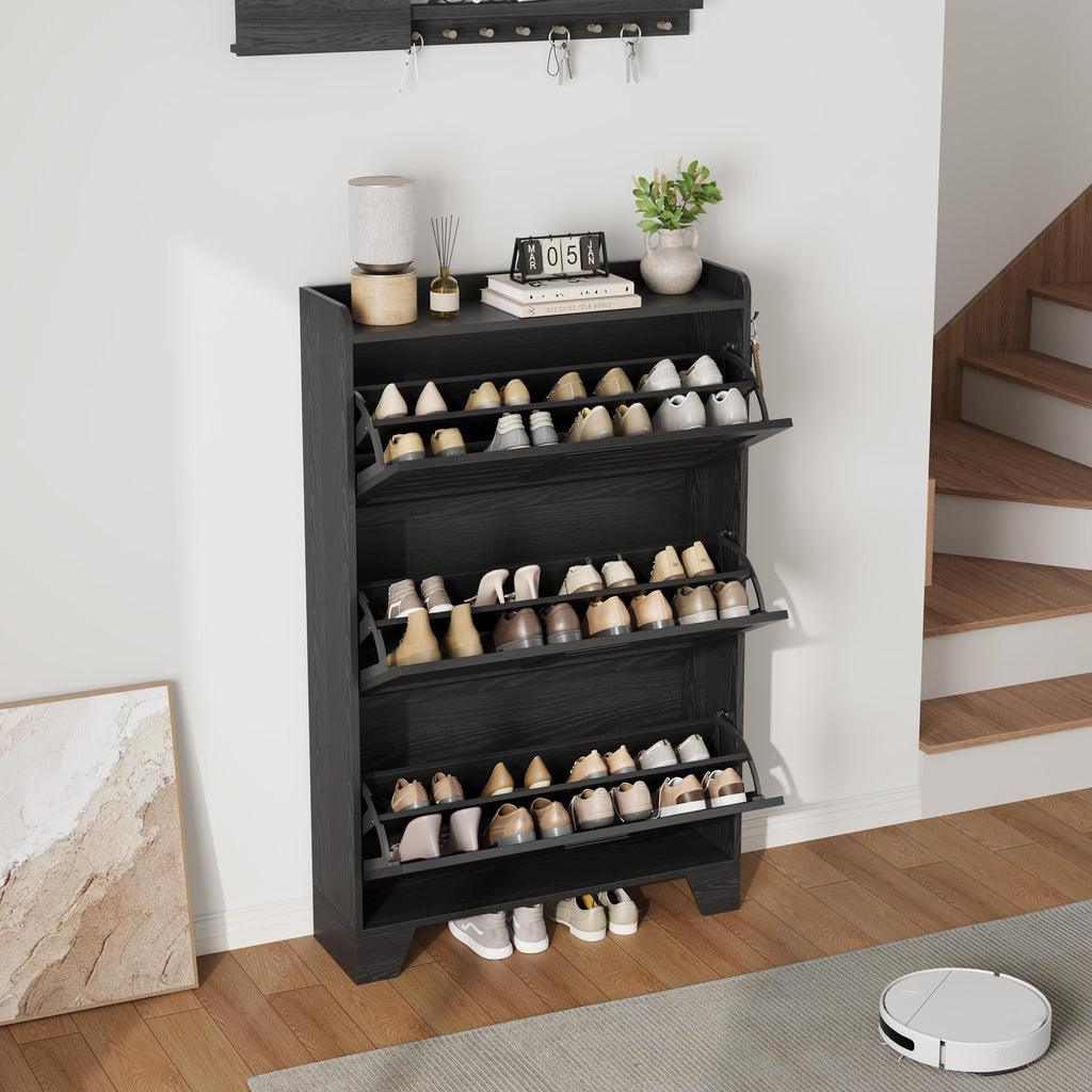 Shoe Cabinet Storage, Slim Shoe Storage Cabinet with 3 Flip Drawers, Freestanding Hidden Narrow Shoe Organizer