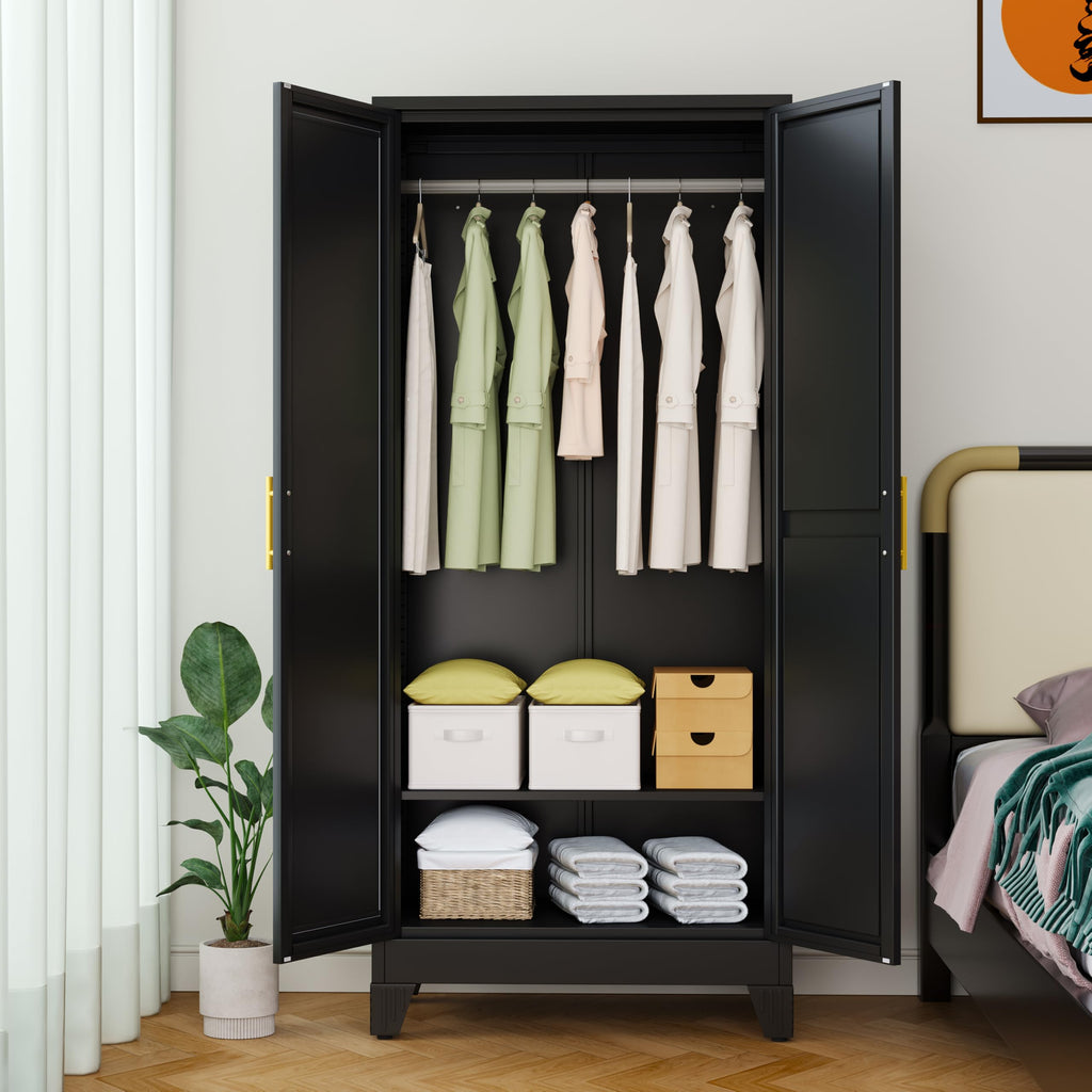71" H Metal Armoire Wardrobe Closet with Mirror,Adjustable Shelve, Clothes Drying Pole, Steel Wardrobe Cabinet (Black)