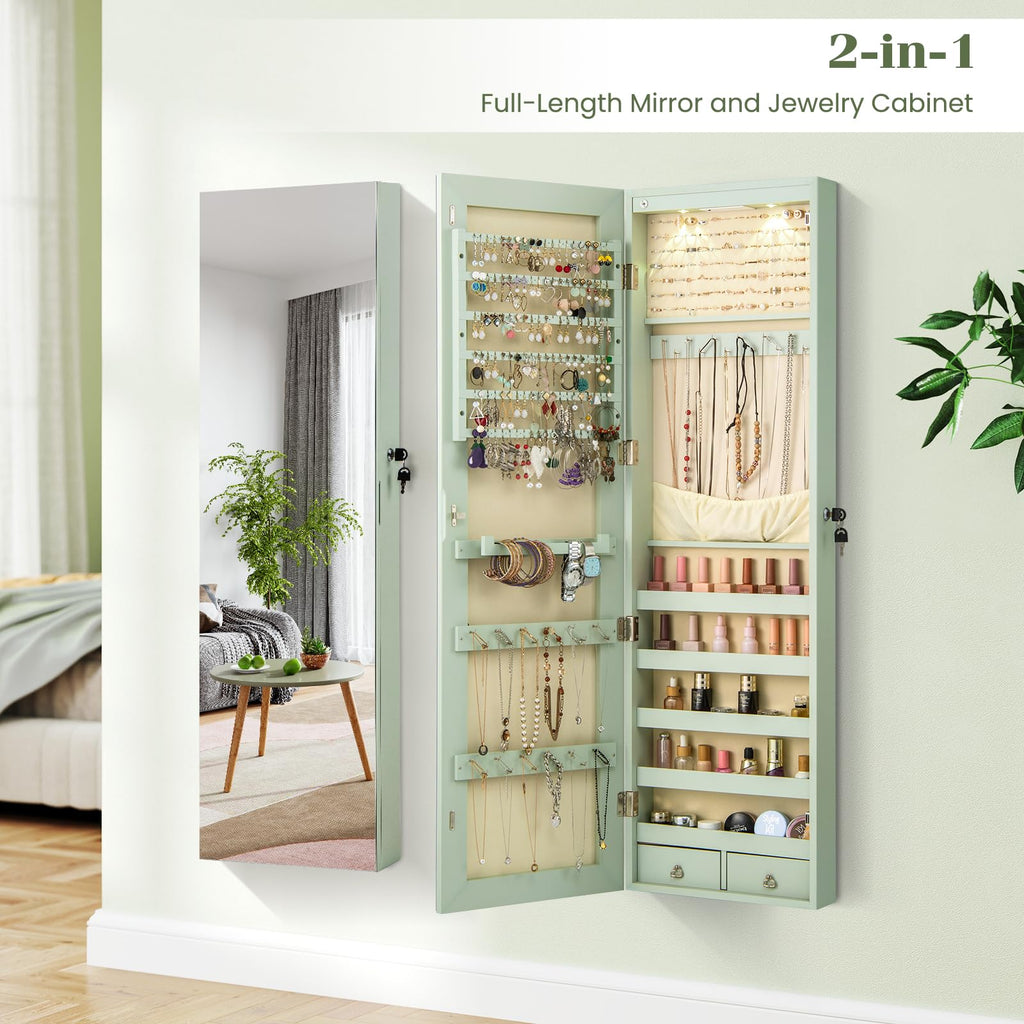 Wall Mounted Jewelry Armoire with Full Length Mirror & 2 LED Lights, Large Storage Capacity, Lockable Mirror Jewelry