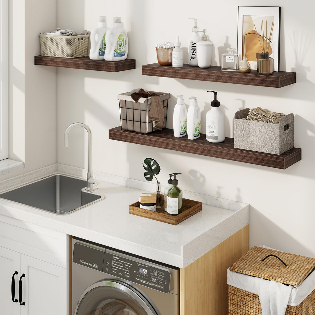 Floating Shelves for Wall, Wall Mounted Wood Shelves, Walnut, Set of 2, 24"