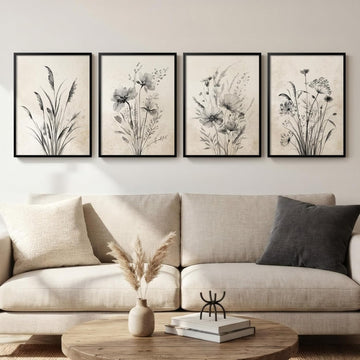 Framed Vintage Botanical Wall Art, 4 Piece Neutral Rustic Boho Floral Canvas Painting Prints for Modern Farmhouse