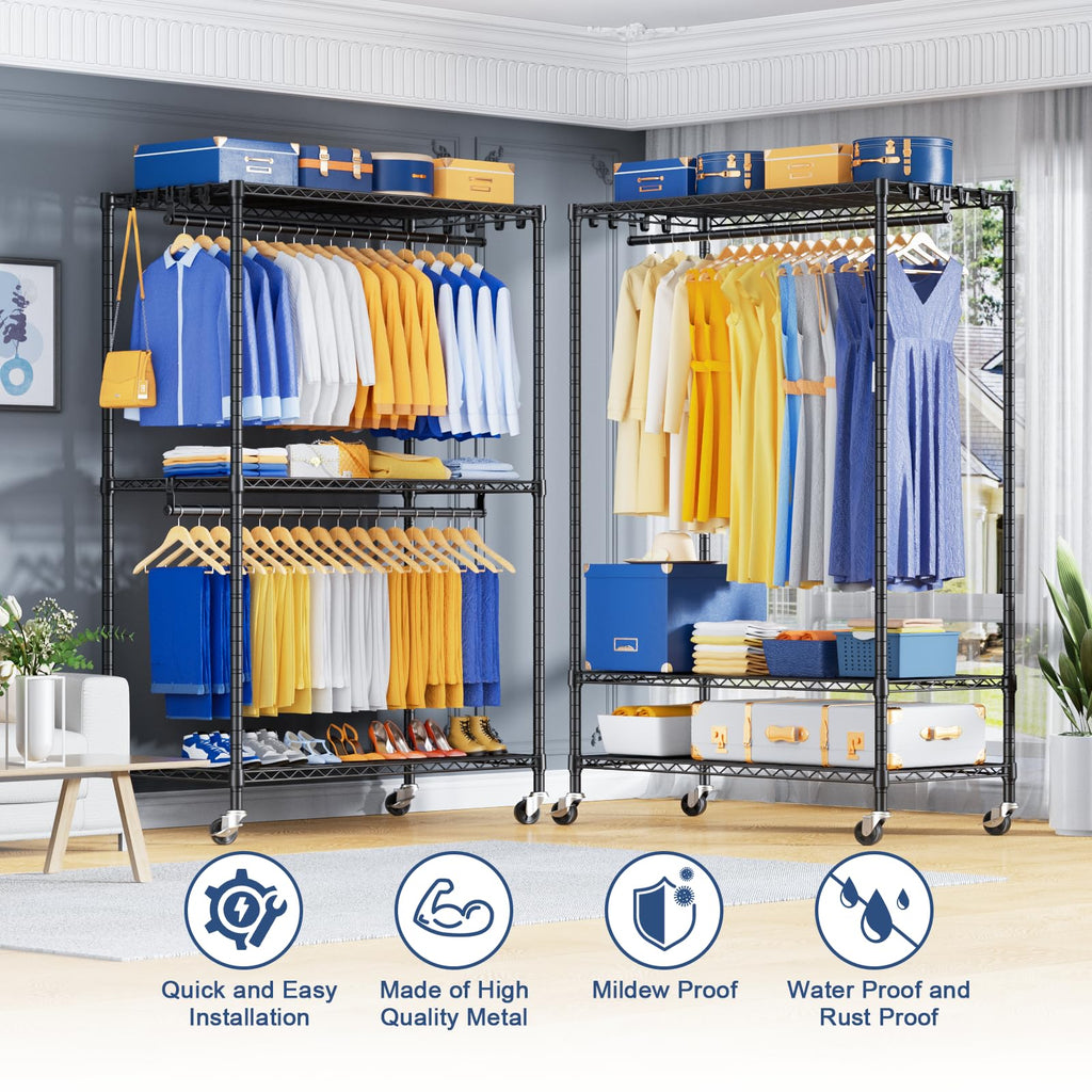 P8 Pro Heavy Duty Clothes Rack(With Extended Width Design) Rolling Clothing Racks for Hanging Clothes, Portable