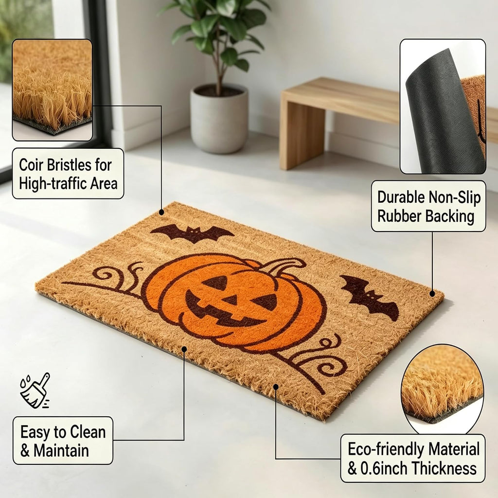 Halloween Pumpkin Layered Doormat, Coco Coir Door Mat Orange White Buffalo Plaid Rug, 2 Pcs Outdoor Mat Set for Front