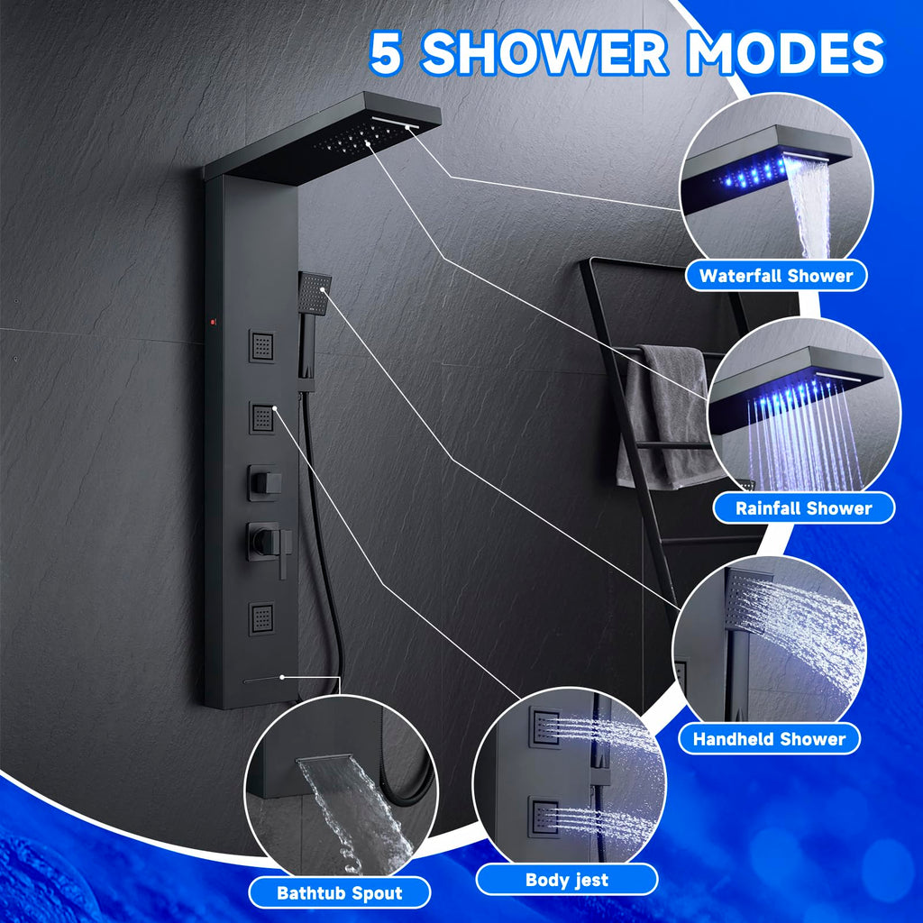 5-in-1 LED Shower Panel Tower System Stainless Steel Matte Black