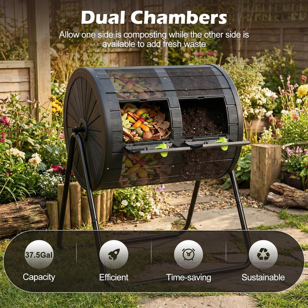 37.5 Gallon Outdoor Dual Chamber Compost Tumbler, Black | BPA-Free Rotating Composter with 2 Lockable Doors, Easy
