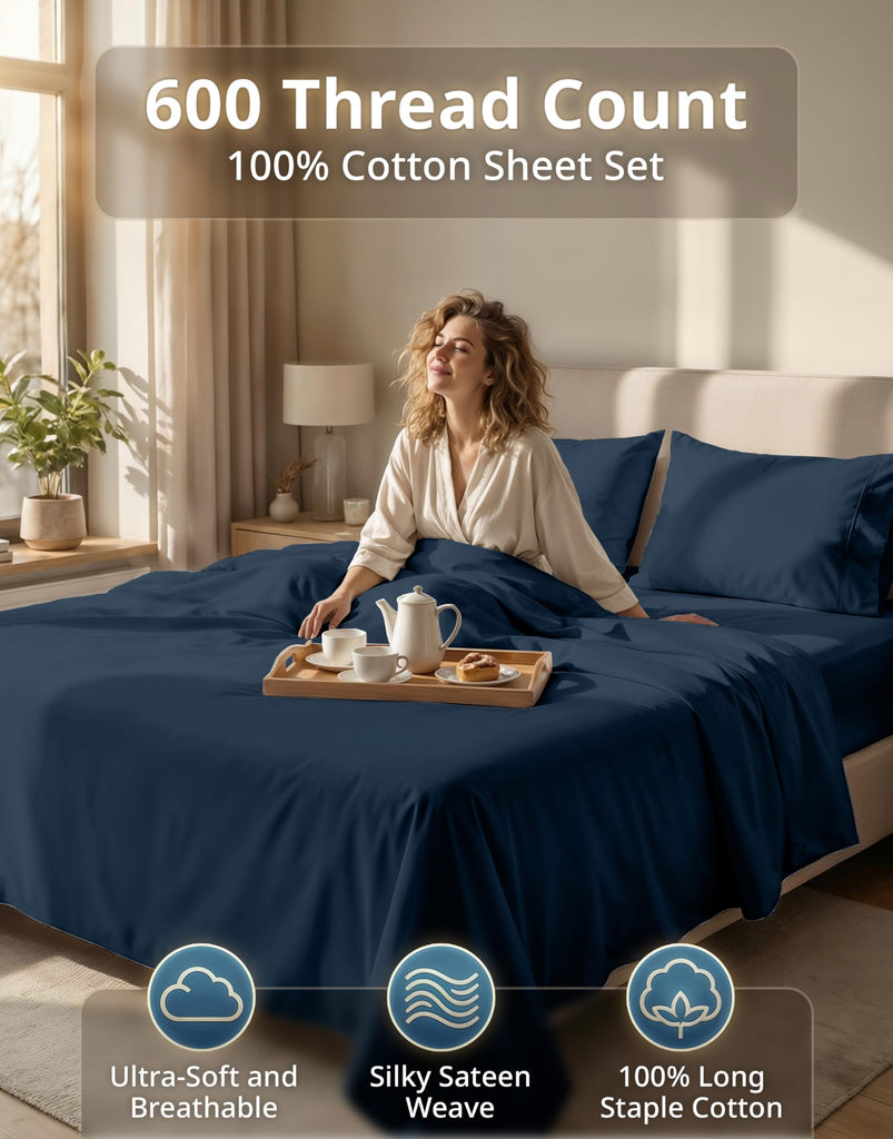 Sheets Queen Size Bed Set 100% Cotton Sateen 600 Thread Count Deep Pocket 4 Piece Soft Breathable Hotel Luxury