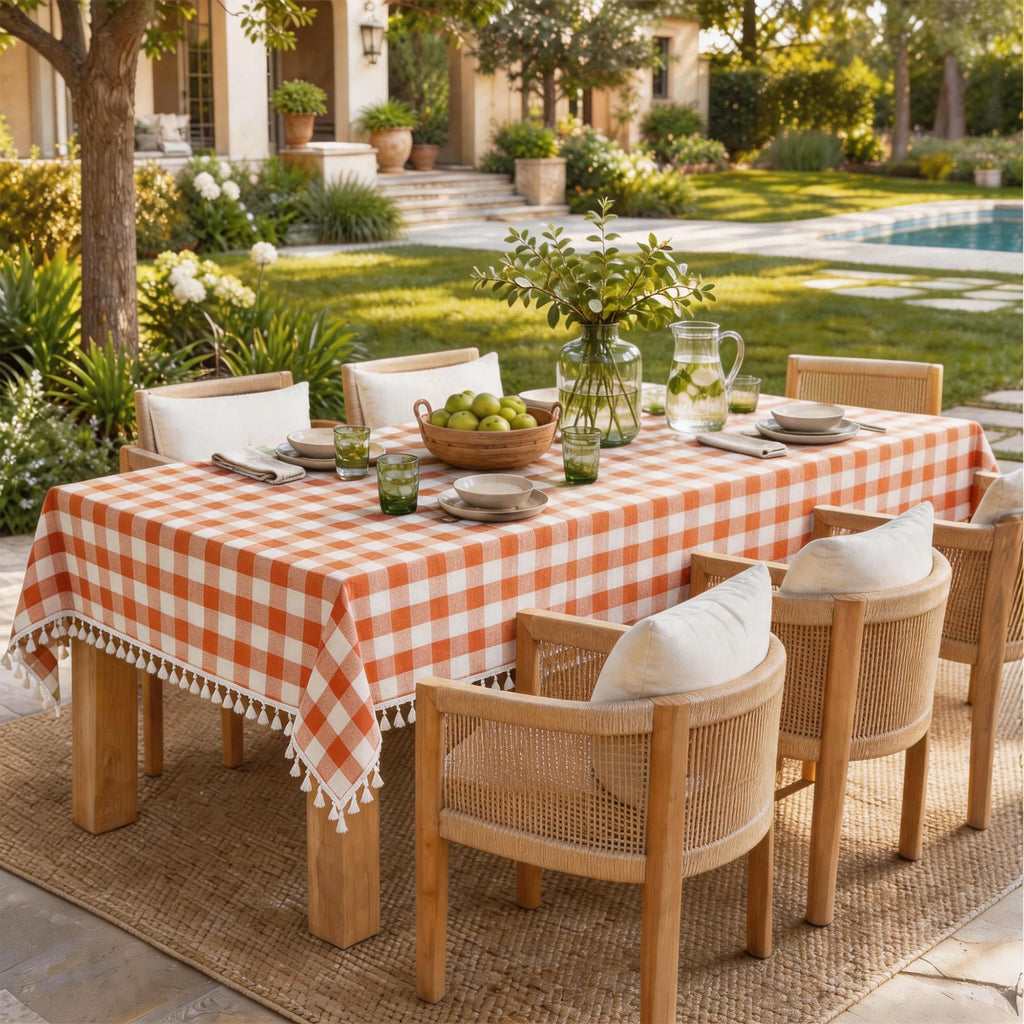 Checkered Tablecloth, Cotton Linen Gingham Fall Holiday Table Cloth for Rectangle Table with Tassel, Washable Heavy