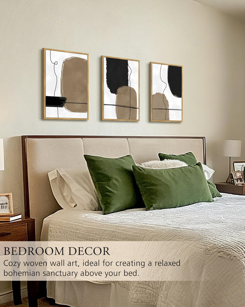 Abstract Wall Art Framed Neutral Beige Mid Century Textured Artwork Black Minimalist Line Modern Illustrations