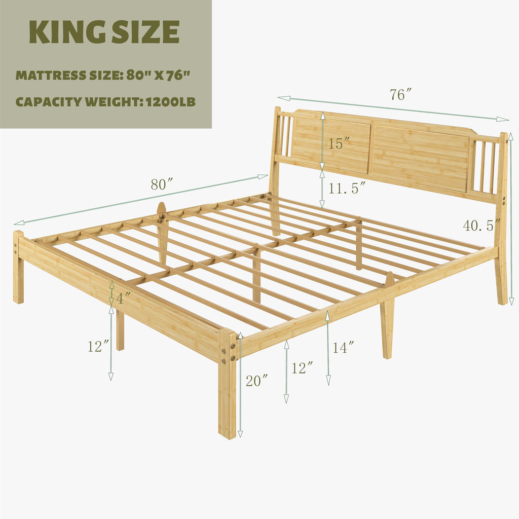 King Bamboo Bed Frame with Panel Headboard and Footboard, 14 Inch Platform Bed Frame with Metal Slat Support, No Box