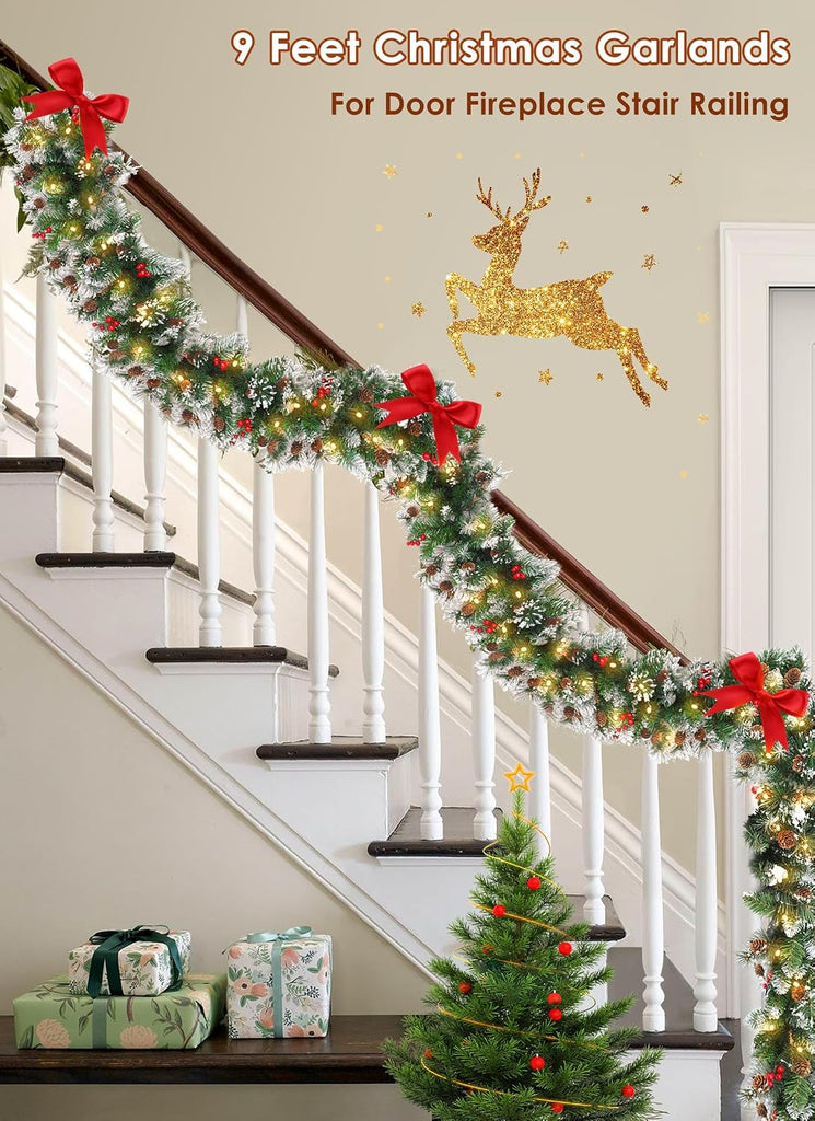 Christmas Garland with Lights, 9Ft Prelit Garland, 8 Light Modes & Timer