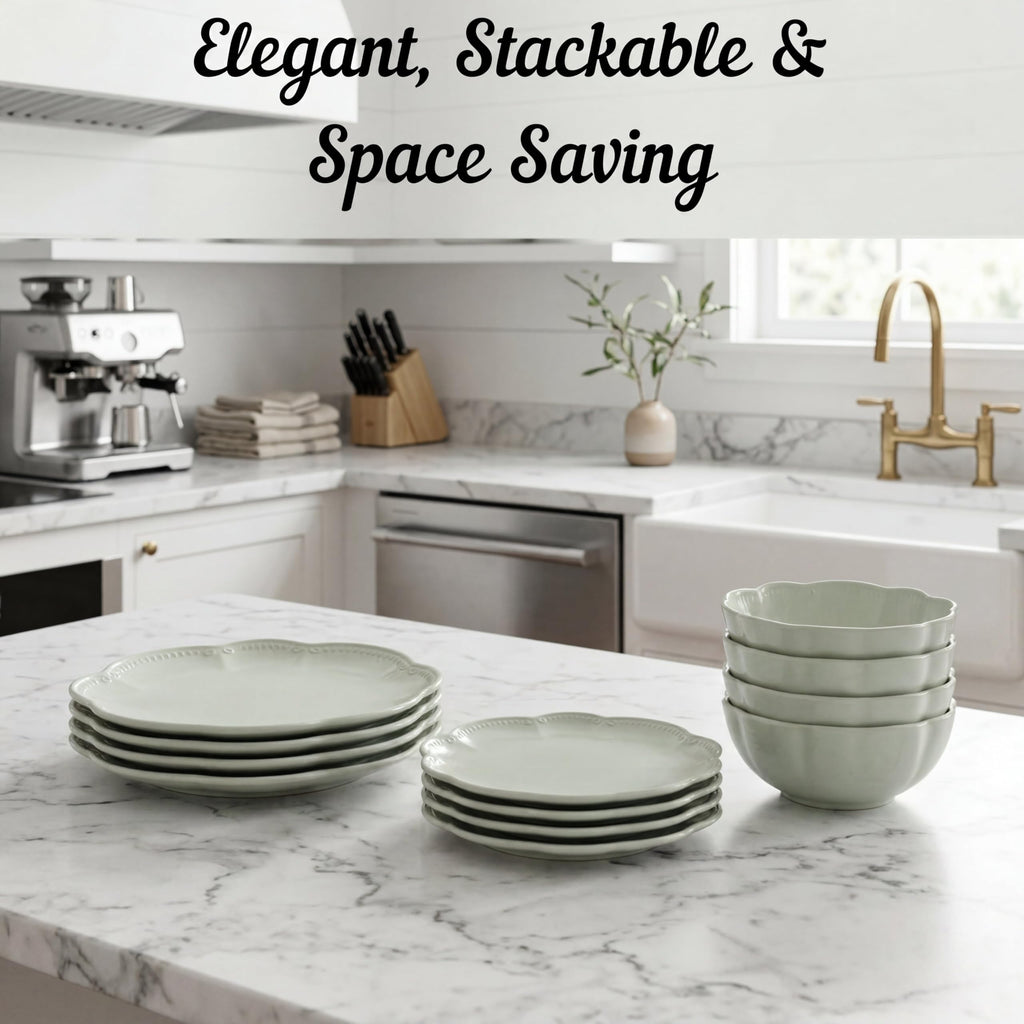 12 Pieces Scalloped Dinnerware Set, Sage Green Dishes for 4, Premium Serving Plates & Bowls Sets, Chip Resistant
