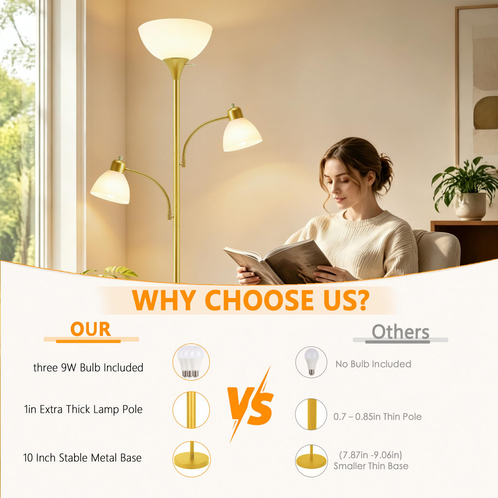 3-Head Torchiere Floor Lamps with 2 Reading Lamp -Gold