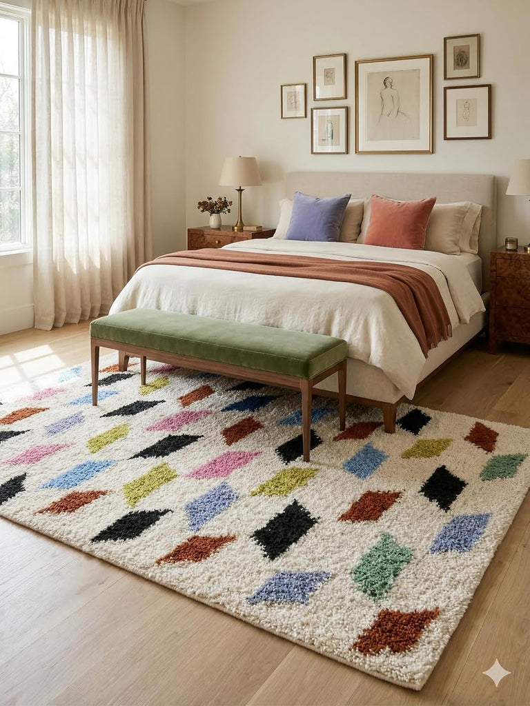 Handmade Moroccan Berber Wool Rug 6' x 9', 100% Wool High Pile Shag, Ivory/Cream with Multicolor Diamond Motifs