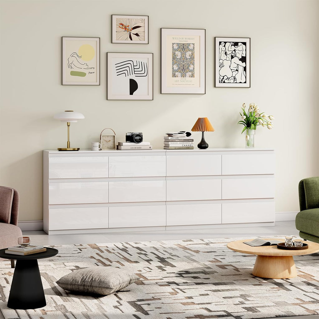 White Dresser Wood 6 Drawer Modern High Gloss | 47" Wide, Handle-Free, long, TV Stand, Storing CLothes, Dressers &