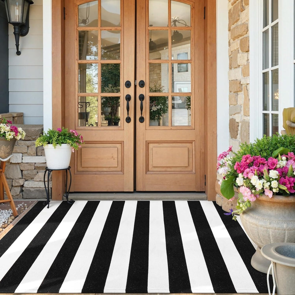 Black and White Buffalo Plaid Outdoor Rug Fall Patio Floor Carpet