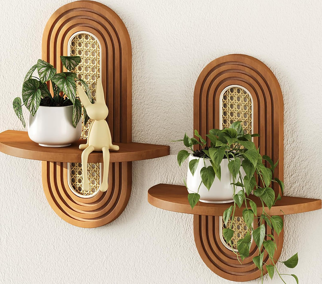 Floating Shelves for Wall, Boho Home Wall Decor,Rattan Plant Shelf Set of 2, Mid Century Small Decorative Shelf