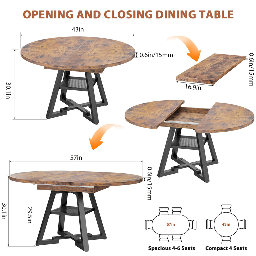 43''-57'' Extendable Round Dining Table for 4-6, Modern Industrial Kitchen Oval Dining Table with Removable Leaves