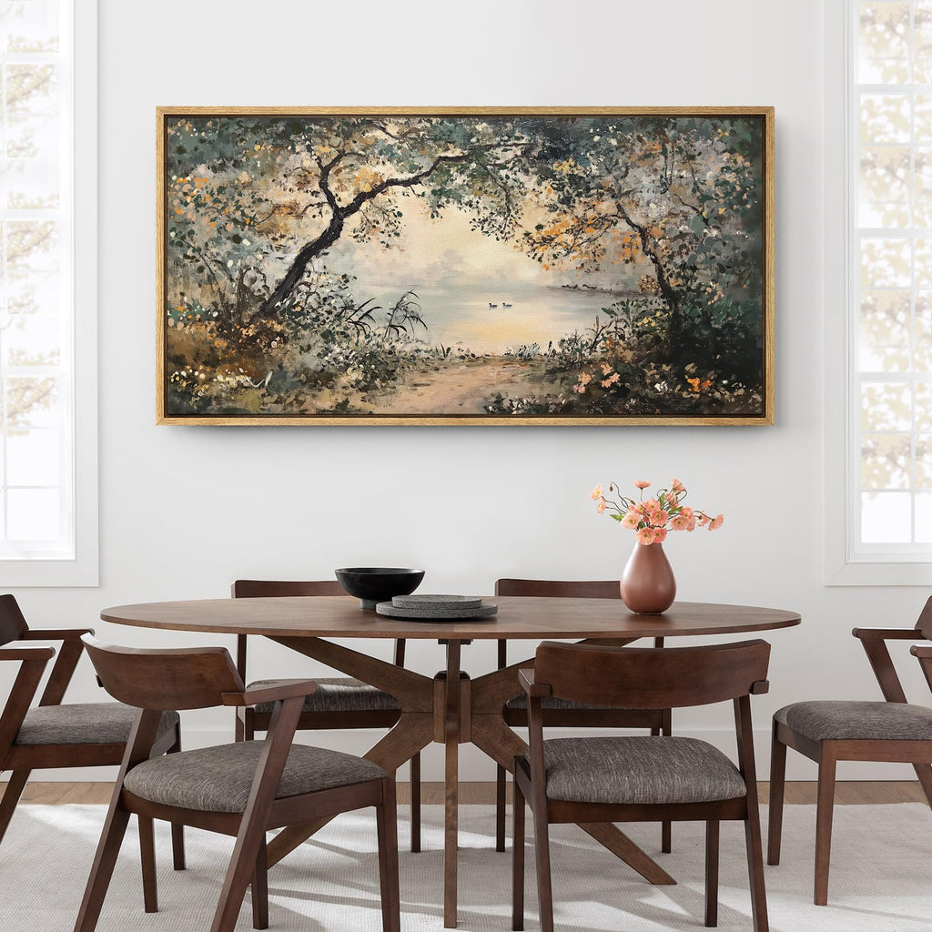Extra Large Framed Canvas Print Wall Art Tranquil Forest Lake Impressionist Nature Landscape Illustrations Modern Art