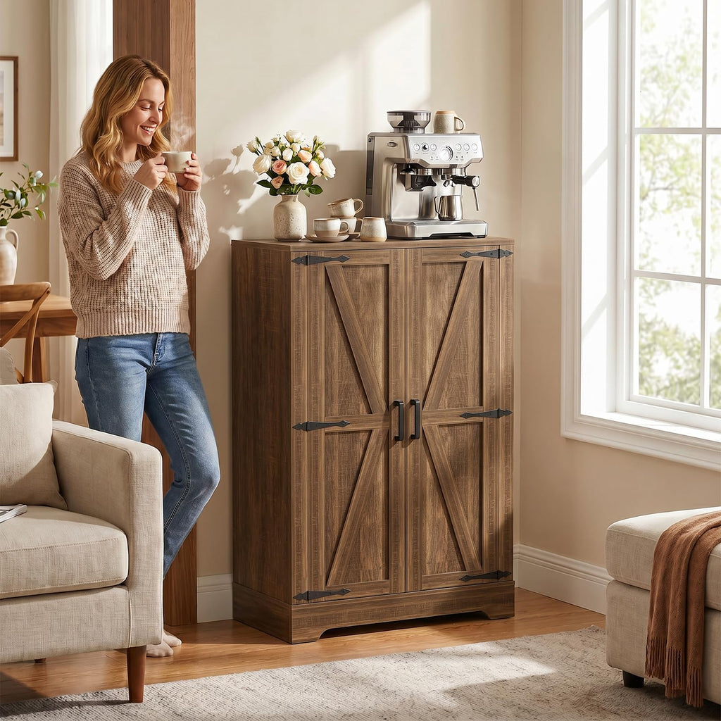 Kitchen Pantry Cabinet with Adjustable Shelves, Weathered Brown