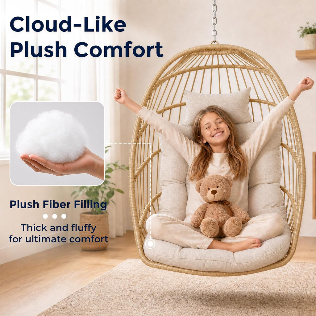 Egg Chair Outdoor with Stand, Indoor Wicker Hanging Egg Swing Chair with Cushion, 370lbs Capacity , Garden - Cream