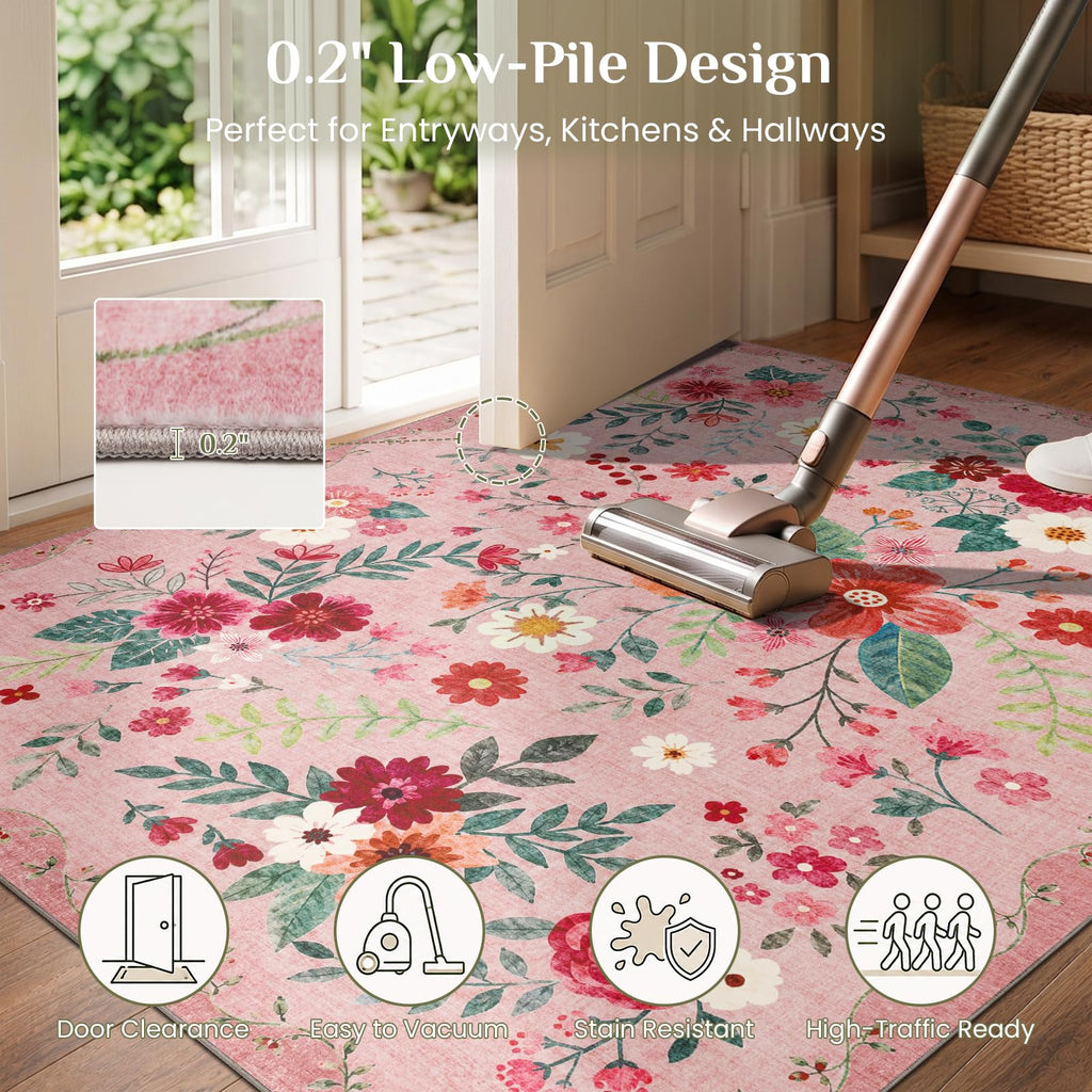 Floral Runner Rug 2x8, Washable Rug, Pink