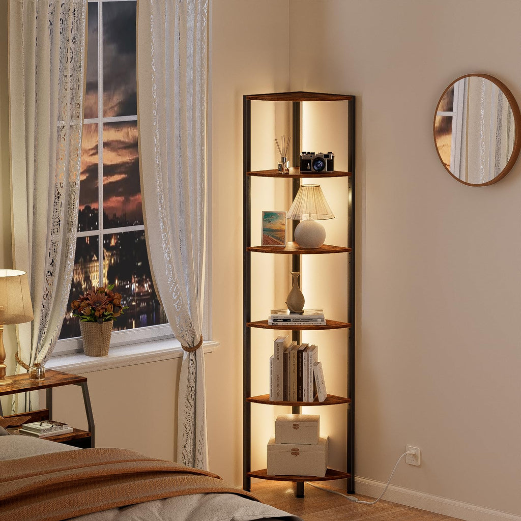 6 Tier Corner Shelf with LED Light, 67.5" Corner Narrow Bookshelf