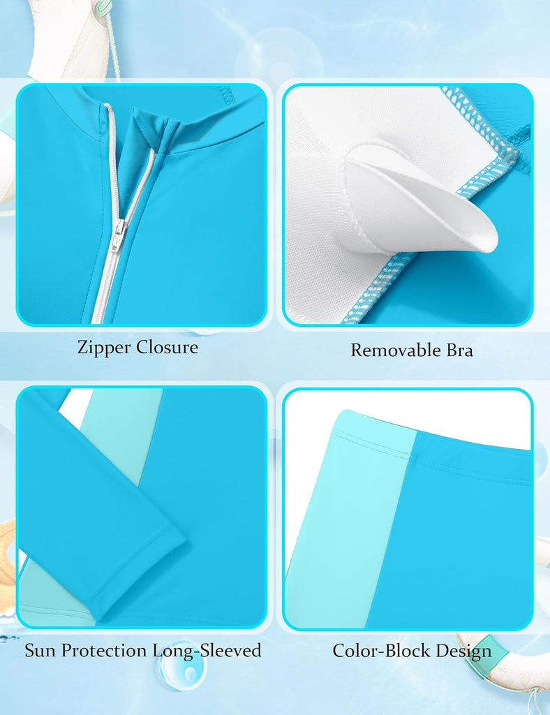 Girls Rash Guard Swimsuit Two Piece Set Colorblock Long Sleeve Bathing Suit UPF50+Sun Protection Swim Suits