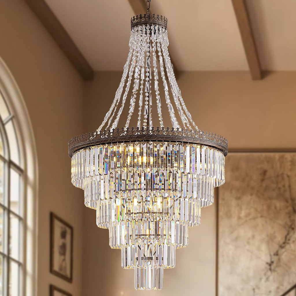 Foyer Vintage Crystal Chandelier, 6-Tier Antique Bronze Staircase French Empire Chandeliers for High Ceilings Entryway Foyer Lighting Fixtures, 28" W x 48" H A108-B0F1MDNYRZ