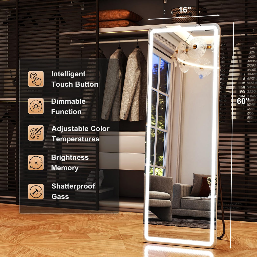 LED Rectangular Corner White Full Length Mirror - 16" x 60" Brightness Adjustable, Touch Screen Control, Wall Mounted