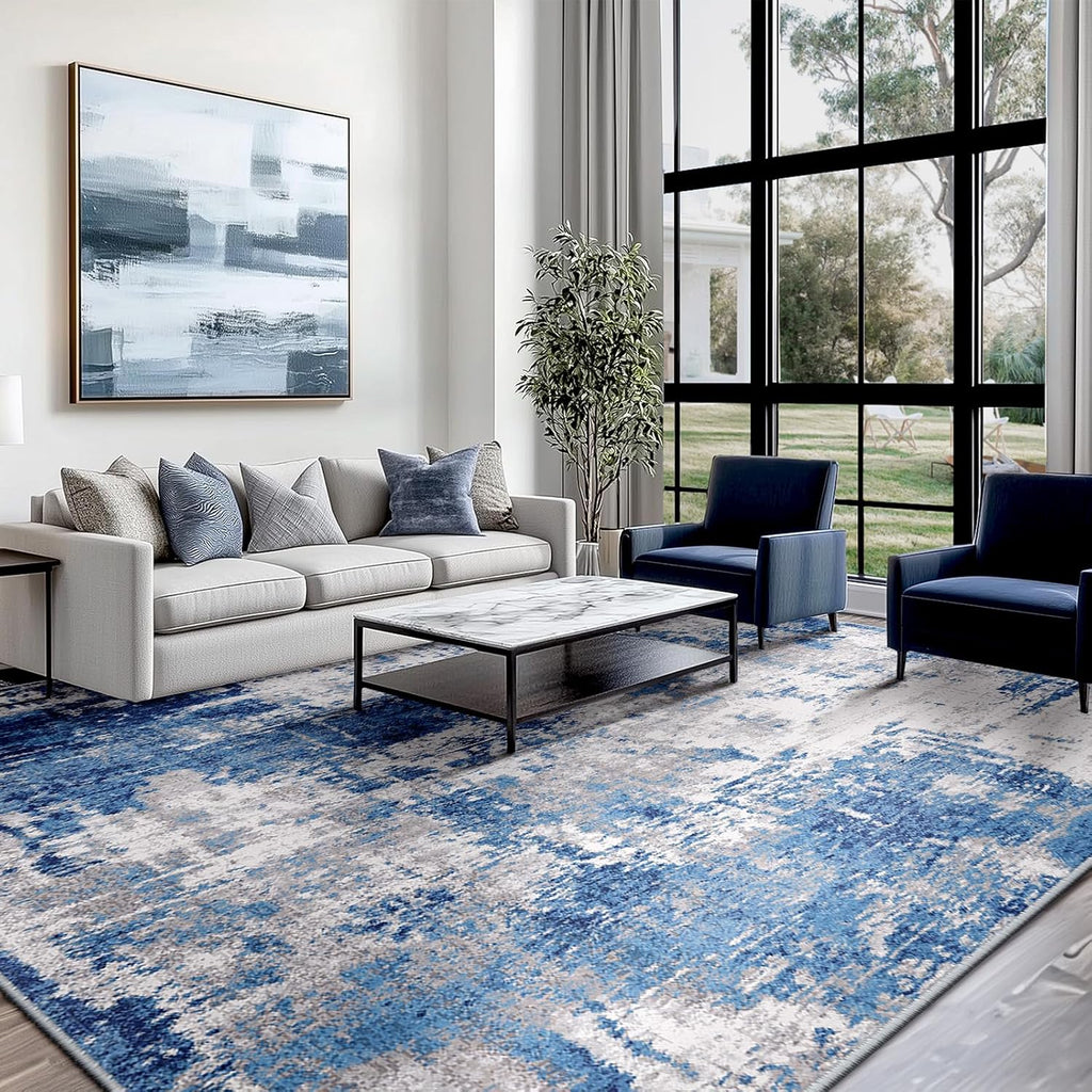 5x7 Washable Area Rugs 5'x7' Non-Slip Modern Abstract Soft for Living Room Entryway Bedroom Nursery, Print Pattern, Blue