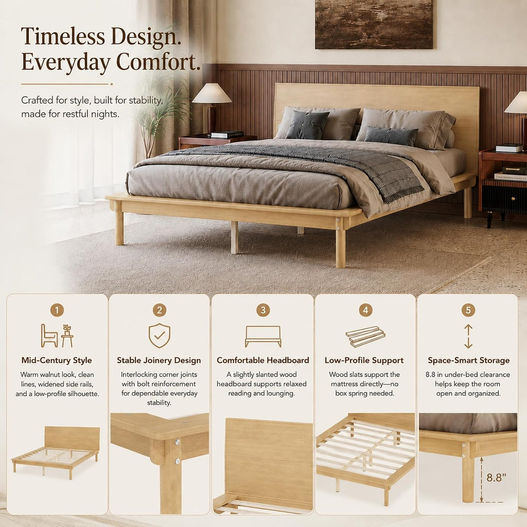 Low Profile Japanese Joinery Bed Frame with Headboard, Natural