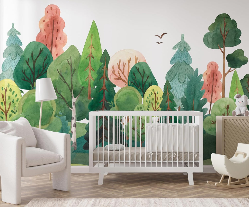 Woodland Nursery Wall Murals: Watercolor Forest Wallpaper | Nature Landscape Theme, Peel & Stick or Traditional