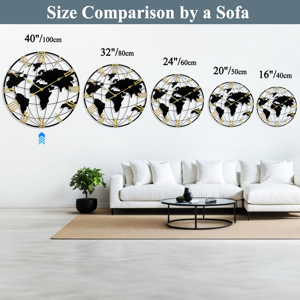 Large Wall Clock 40IN, World Map Modern Style Wall Clocks, Big Clock for Wall Living Room Decor, Office Wall Decor