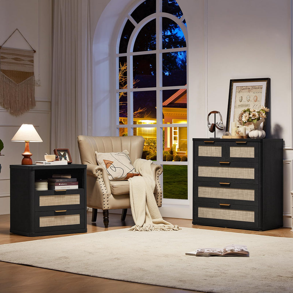 Rattan Dresser Set of 2, 33.5" Tall Chest of Drawers, Modern 5 Drawers Boho Dressers with Storage, Light Oak Dresser