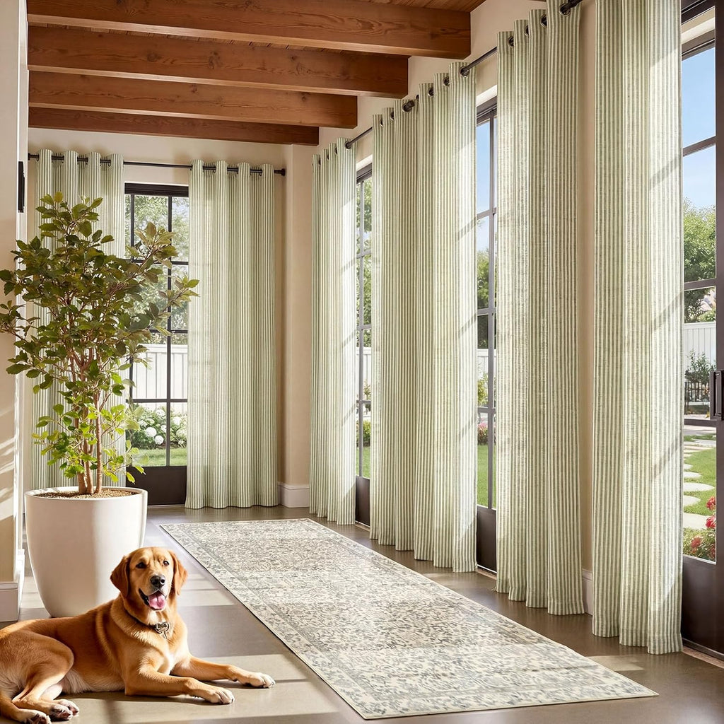Linen Curtains for Living Room Sage Green on Beige Striped Curtains for Bedroom Ticking Stripe Pattern Light
