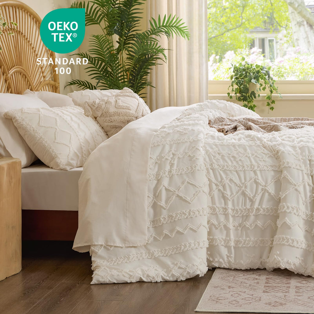King Comforter Set 7 Pieces, Boho Bed in a Bag, Cream White